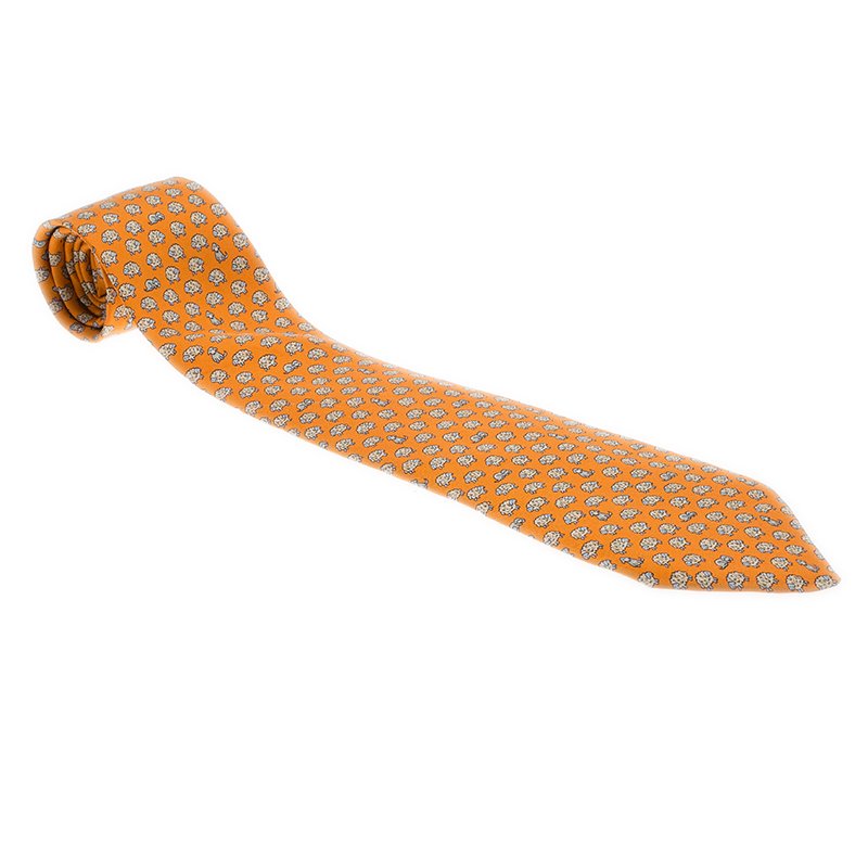 مملوكة مسبقًا Hermes Orange Sheep and Dog Print Silk Tie
