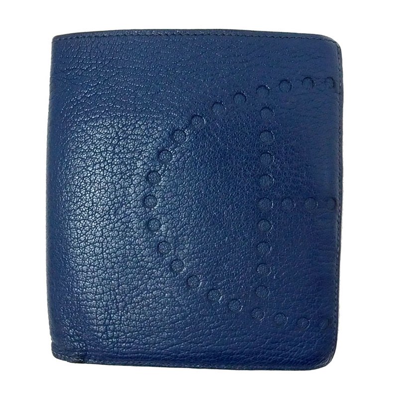 محفظة هيرمس جلد أزرق بالشعار ثنائية الطي