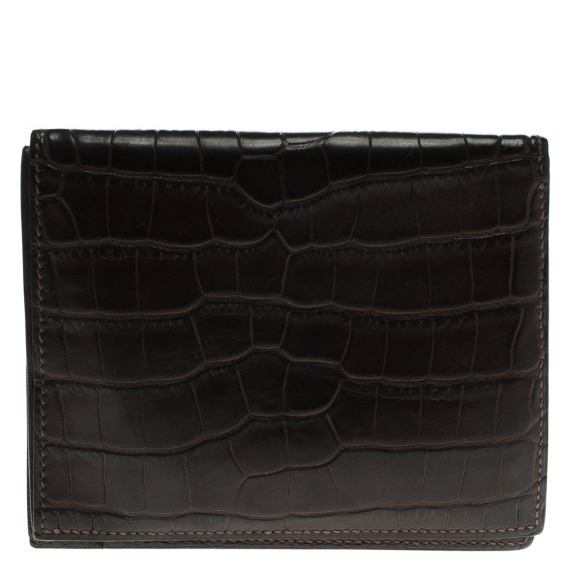 Hermes Dark Brown Alligator Bi Fold Wallet