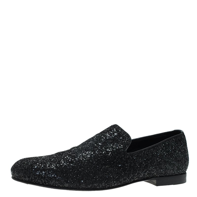 Jimmy Choo Black Coarse Glitter Sloane Smoking Slippers Size 44