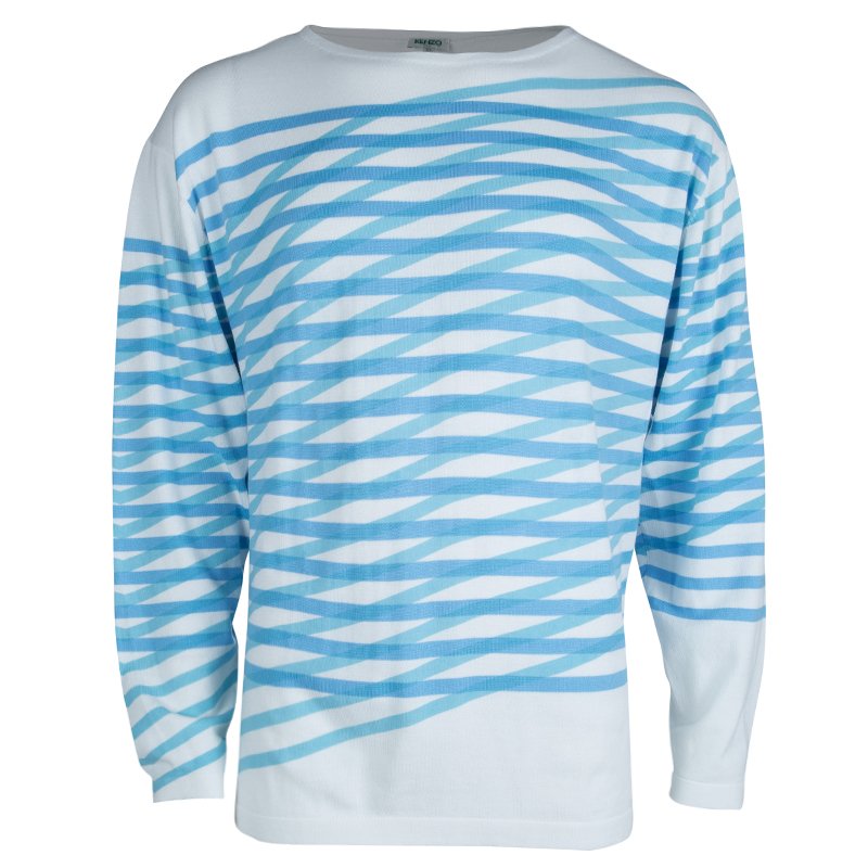 Pre Owned Kenzo White Criss Cross Striped Sweater XL