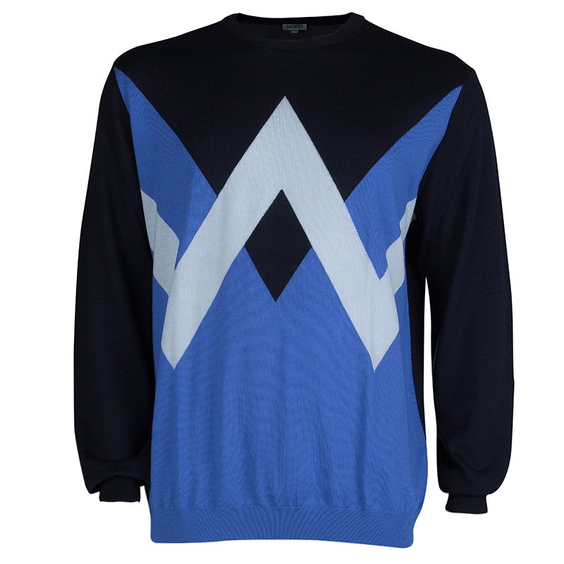 Pre Owned Kenzo Navy Blue Colorblock Crew Neck Sweater XXL