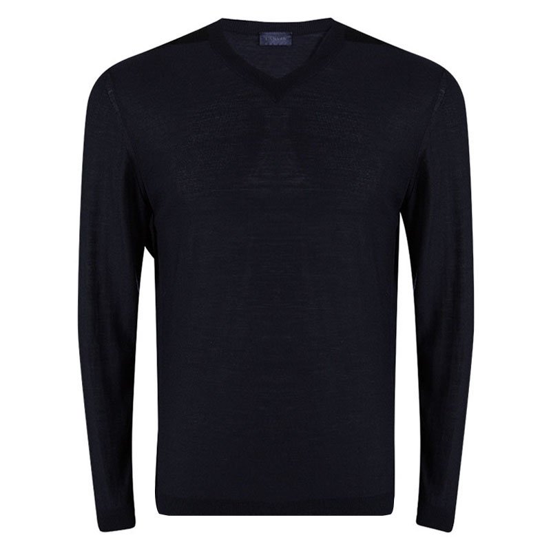 Pre Owned Lanvin Navy Blue Merinos Wool V-Neck Sweater L