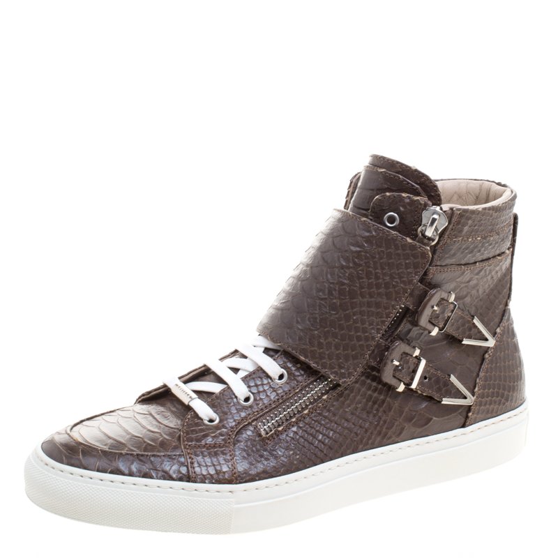 Le Silla Brown Python Embossed Leather High Top Sneakers Size 44