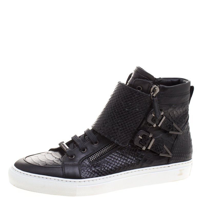 Le Silla Black Python Embossed Leather High Top Sneakers Size 41.5