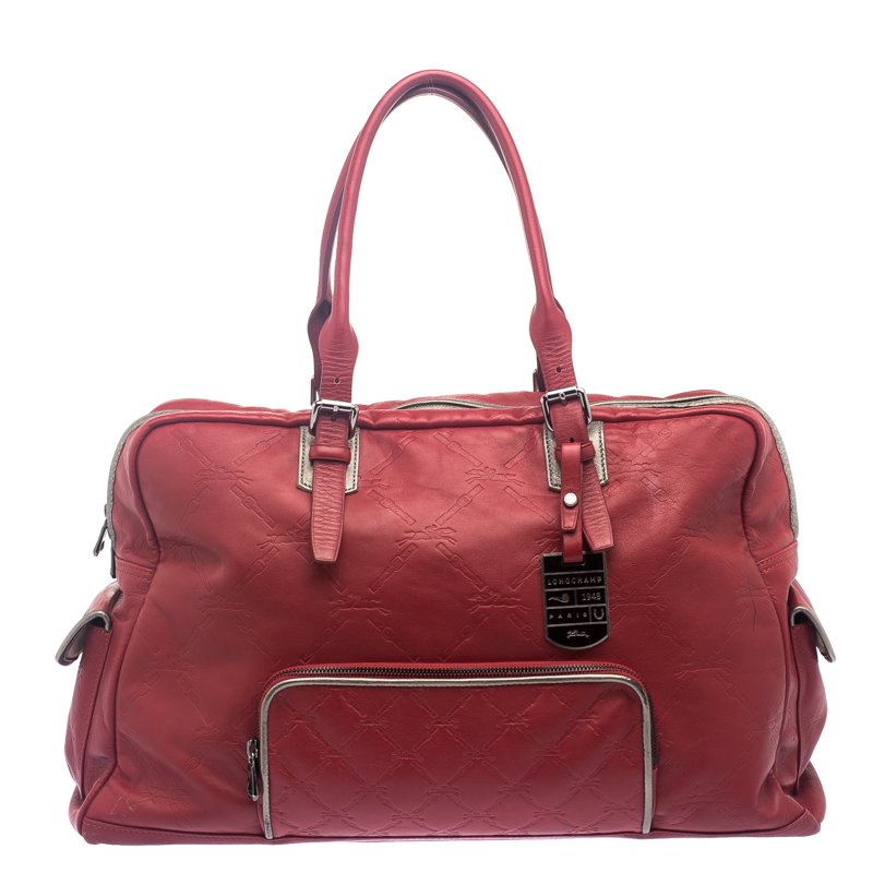Longchamp Red Embossed Leather Travel Satchel