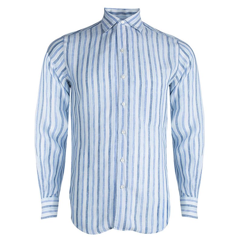 Loro Piana Blue Striped Linen Long Sleeve Button Front Shirt S Loro ...