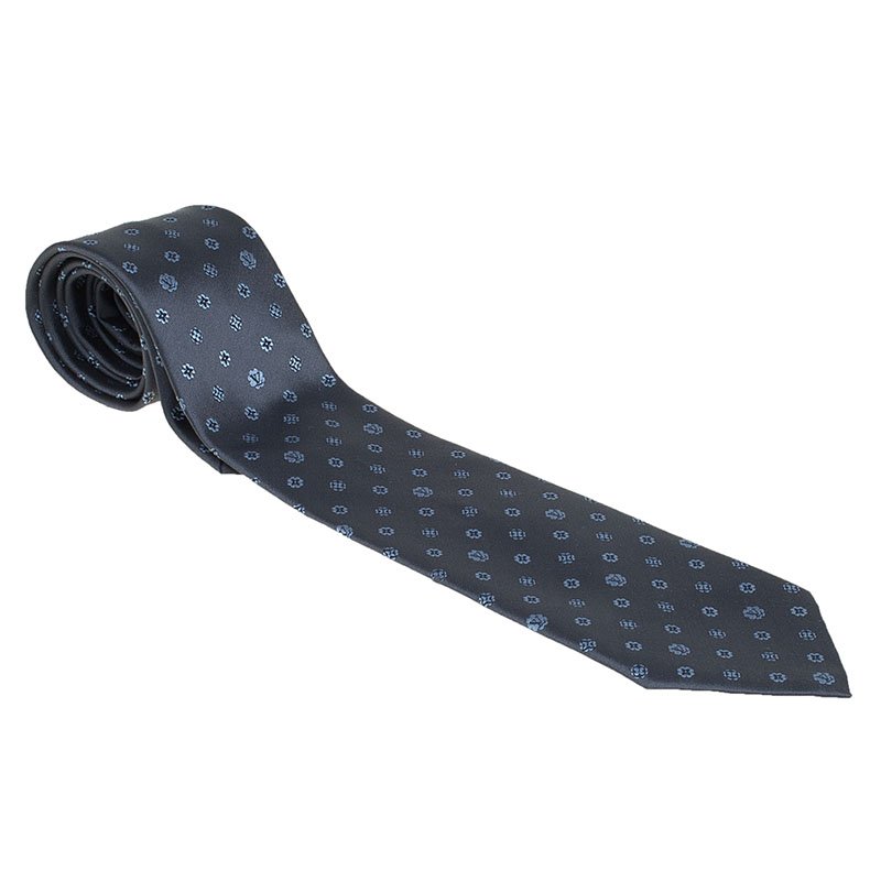 Pre Owned Louis Vuitton Grey Monogram Clover Silk Tie