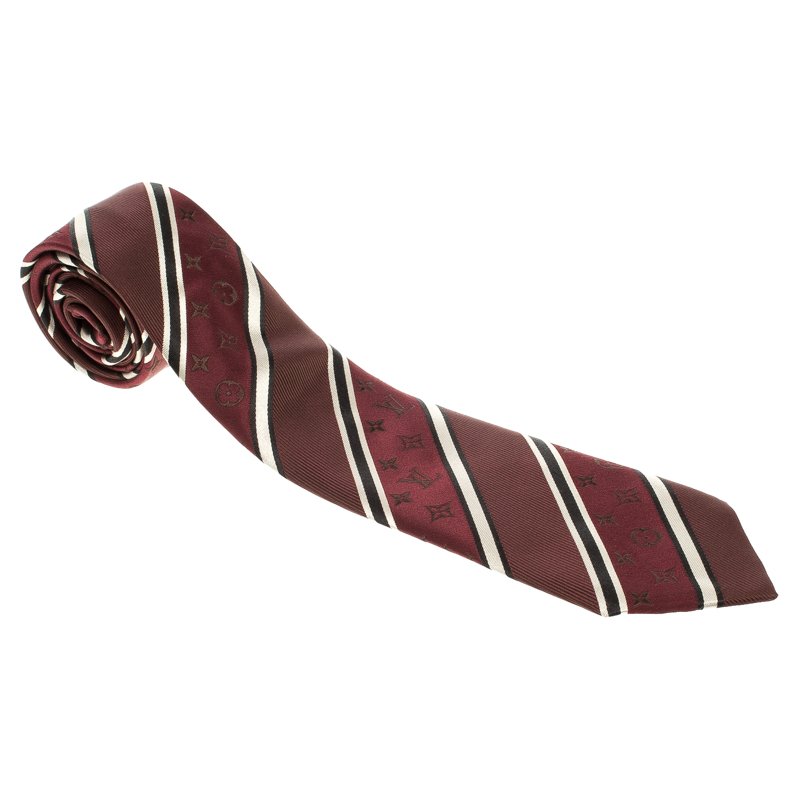 Louis Vuitton Burgundy Monogram and Striped Silk Tie