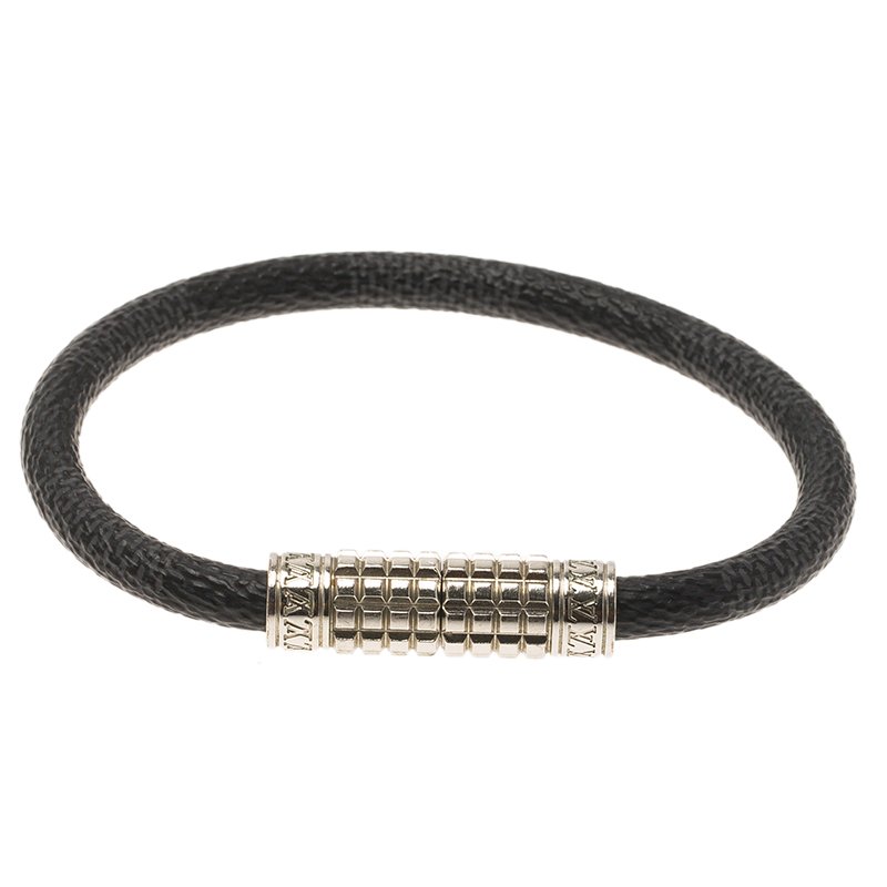 Pre-owned Digit Damier Ardoise Taiga Leather Silver Tone Bracelet