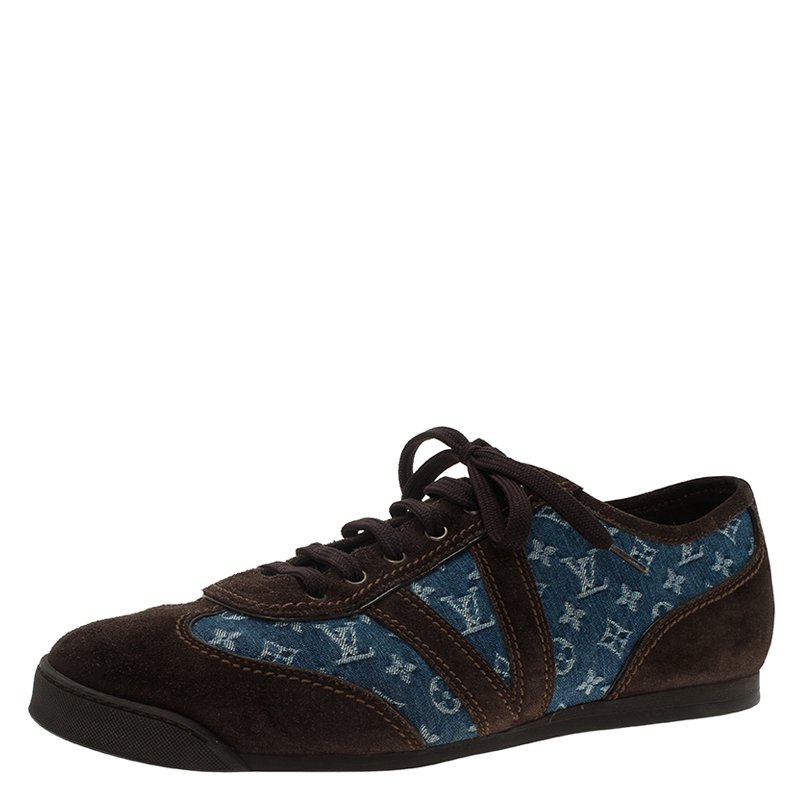 Louis Vuitton Blue Monogram Denim and Brown Suede Sneakers Size 43