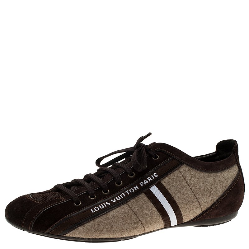 Pre Owned حذاء رياضي لوي فيتون برباط شبكة وسويدي بني مقاس 42.5