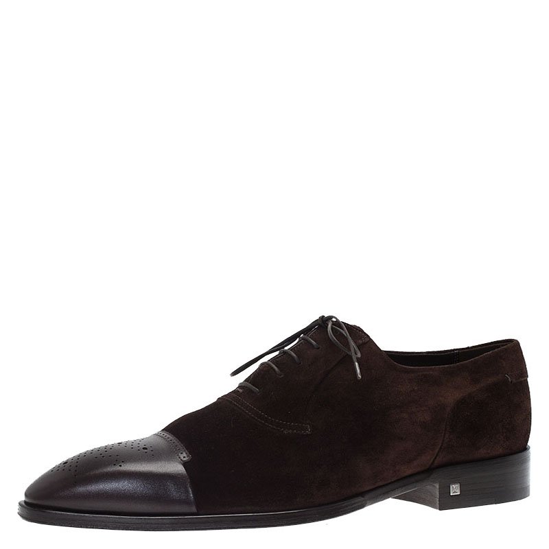 Pre Owned Louis Vuitton Brown Suede and Brogue Leather Derby Size 45.5