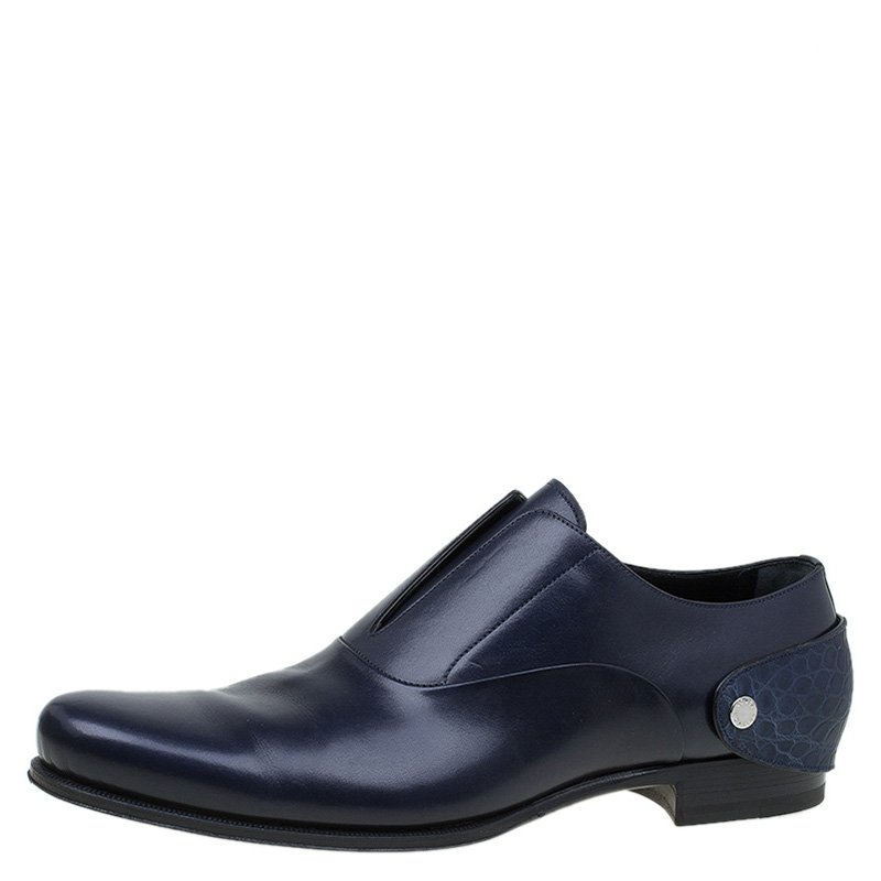 Pre Owned Louis Vuitton Navy Blue Leather Croc Trim Derby Size 44