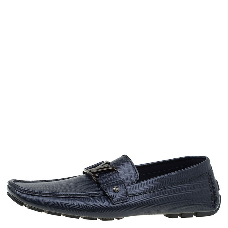 Pre Owned Louis Vuitton Glazed Black Leather Monte Carlo Loafers Size 44.5