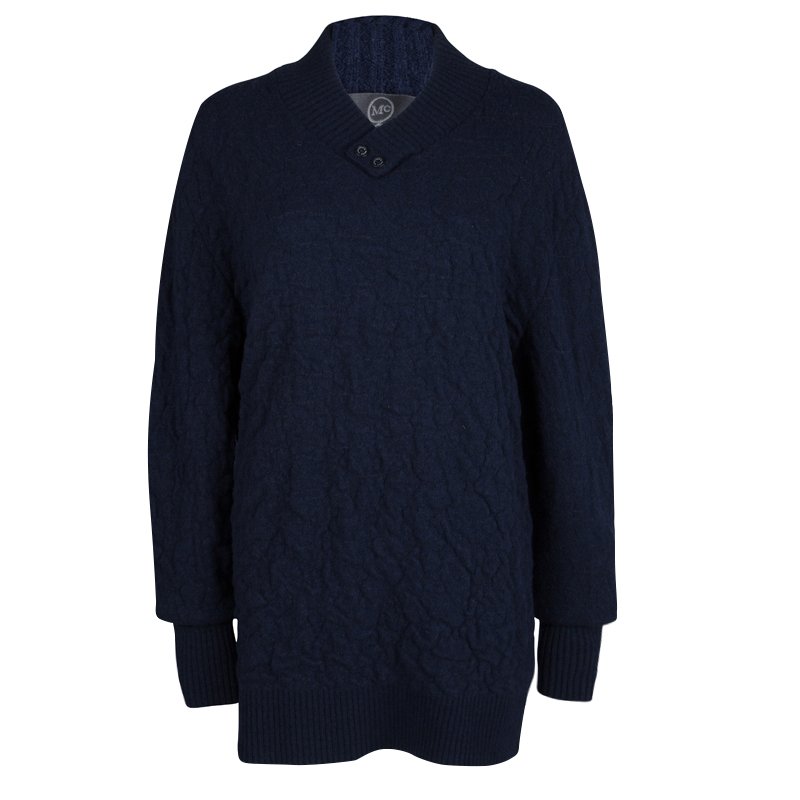 Pre Owned بلوفر أم سي كيو باي أليكساندر ماكوين  برقبة حرف V صوف أزرق كحلي منقوش XL