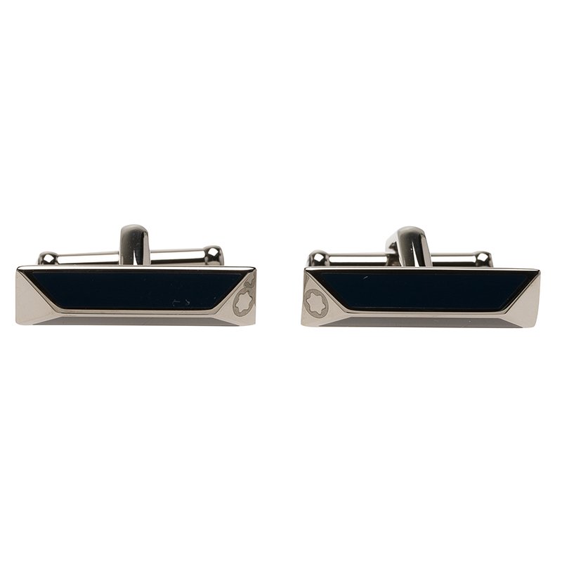 Pre Owned Montblanc Iconic Lines Black & Blue Lacquer Bar Steel Cufflinks