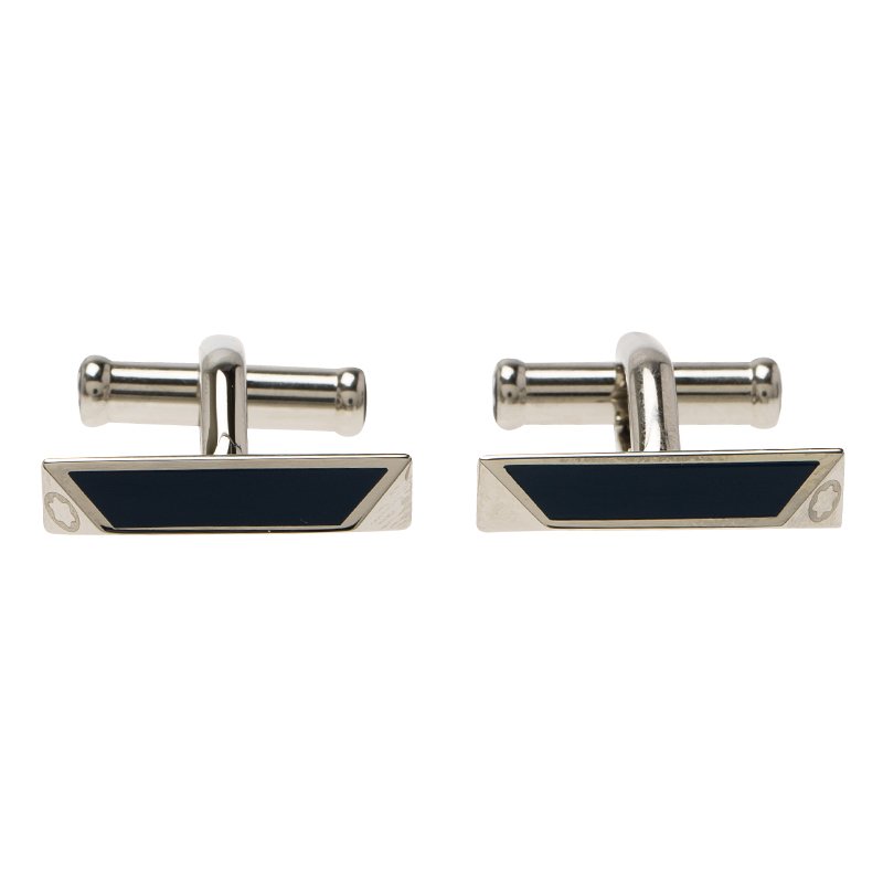Pre Owned Montblanc Iconic Lines Navy Blue & Black Lacquer Steel Bar Cufflinks