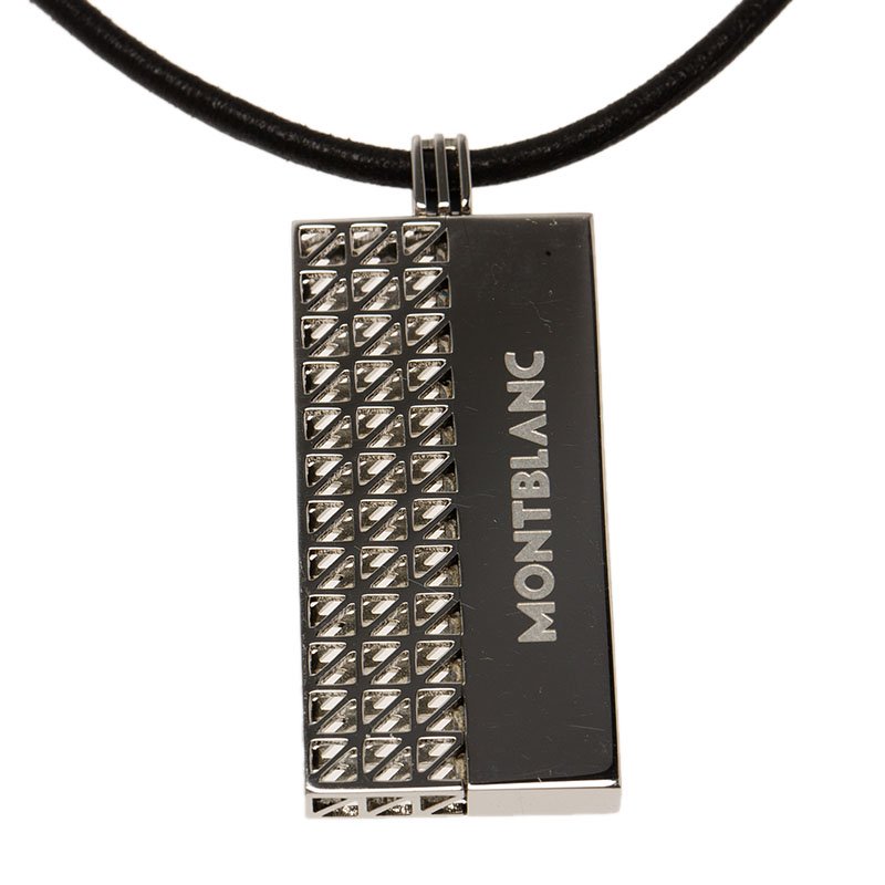 Pre Owned Montblanc Graphic Tag Steel Pendant & Leather Cord Neckpiece
