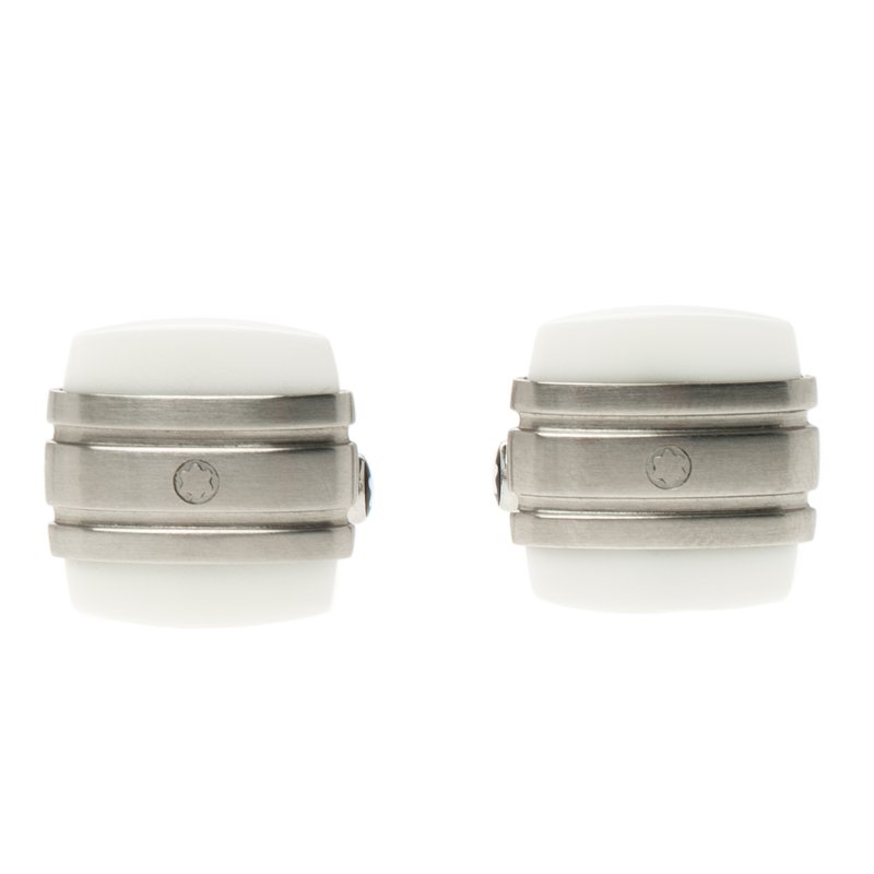 Pre Owned Montblanc Classic Collection White Agate & Stainless Steel Cufflinks