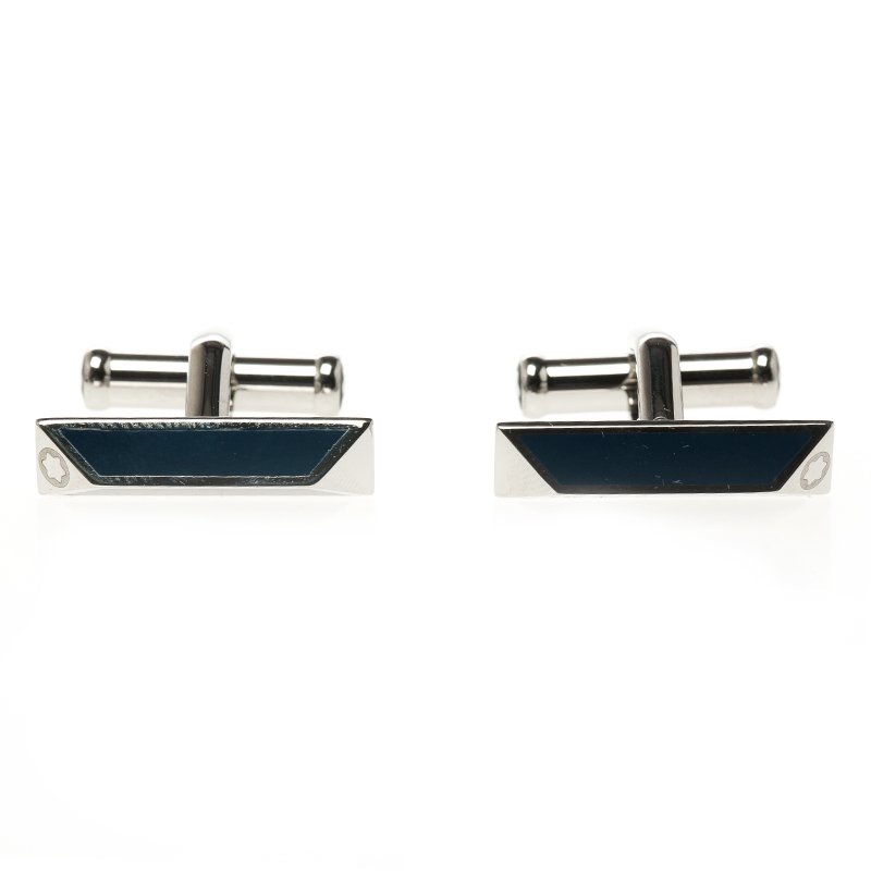 Pre Owned Montblanc Iconic Lines Blue & Black Lacquer Steel Bar Cufflinks