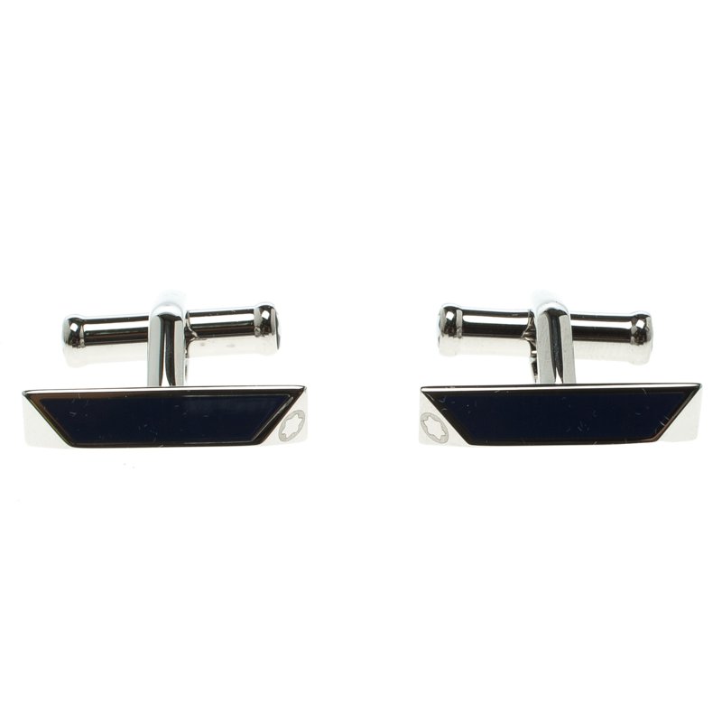 Pre Owned Montblanc Iconic Lines Blue & Black Lacquer Steel Bar Cufflinks