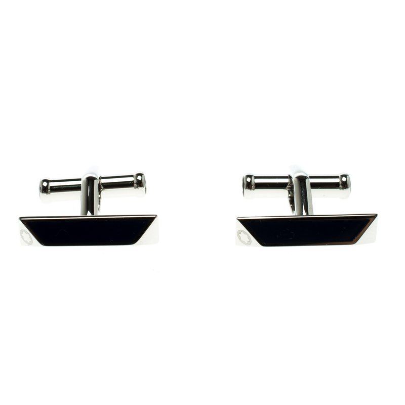 Pre Owned Montblanc Iconic Lines Navy Blue & Black Lacquer Steel Bar Cufflinks