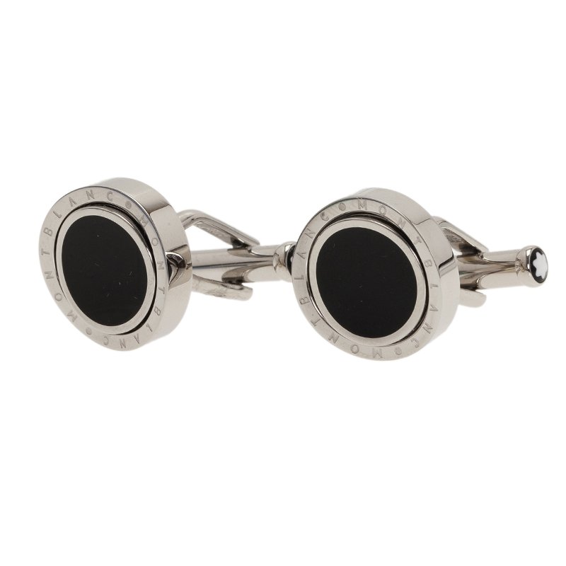 Pre Owned Montblanc Onyx Rotating Stainless Steel Cufflinks