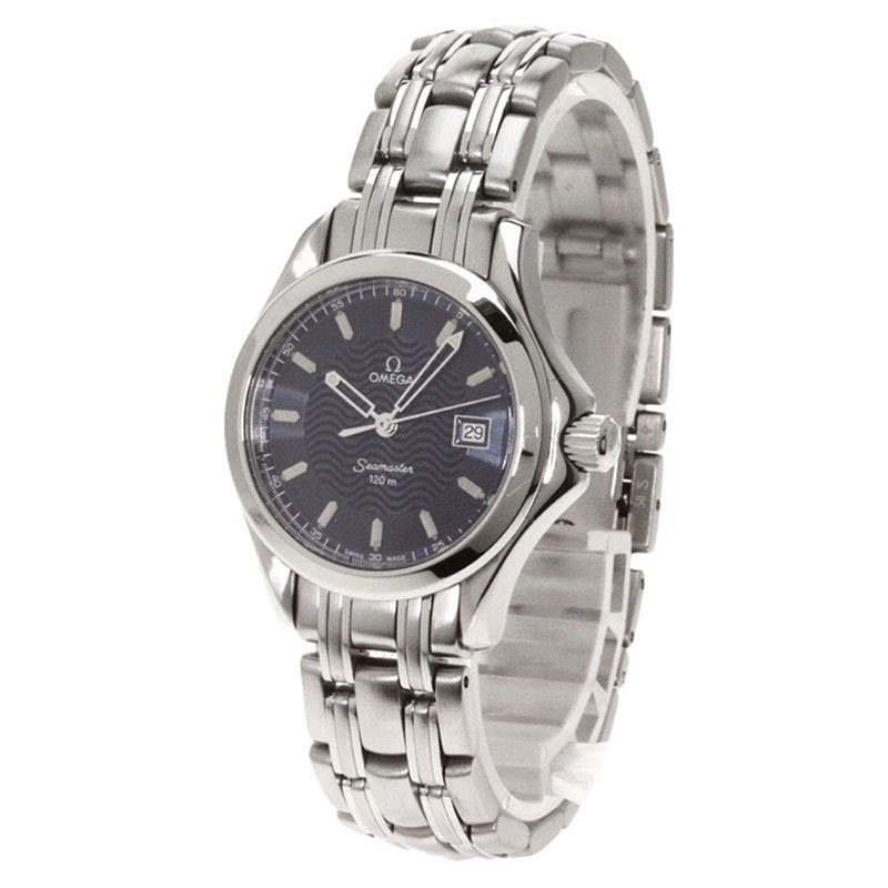Pre Owned Omega Navy Blue Stainless Steel Seamaster Men's Wristwatch 35MM