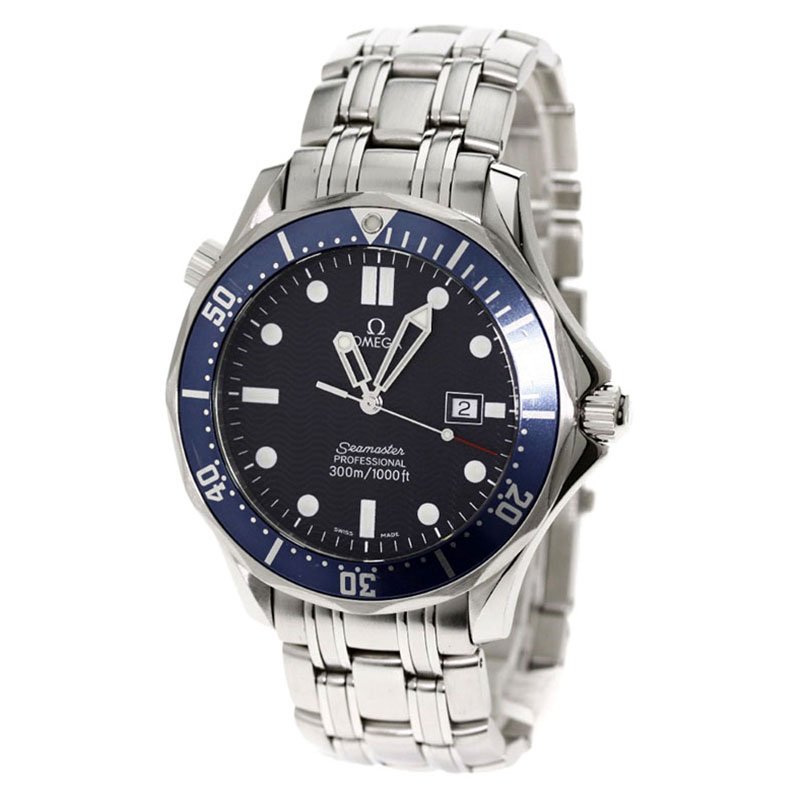 Pre Owned Omega Navy Blue Stainless Steel Seamaster Men's Wristwatch 41MM