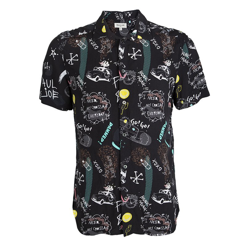 Pre Owned Paul & Joe Black Doodle Print Short Sleeve Shirt XL