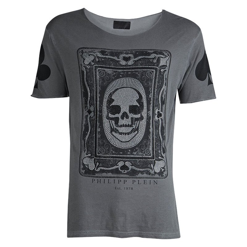 Pre Owned Philipp Plein Grey Skull Print Embellished T-Shirt L