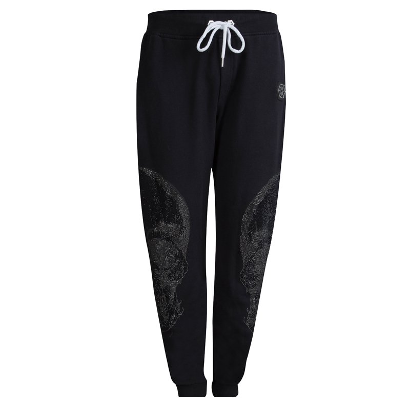 Pre Owned Philipp Plein Black Skull Print Embellished Jogger Pants L