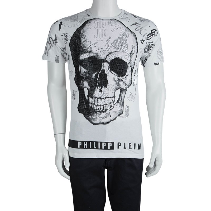 PHILIPP PLEIN Black&White Skull Beading Men Casual T-shirt P8829# Size M-3XL