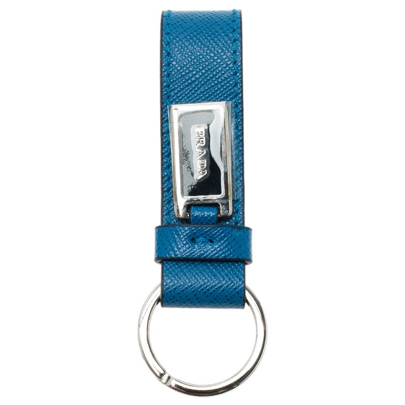 Pre Owned Prada Blue Saffiano Leather Logo Strap Key Chain 