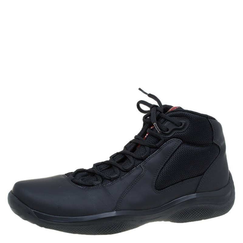 Pre Owned Prada Sport Black Leather and Mesh High Top Sneakers Size 42