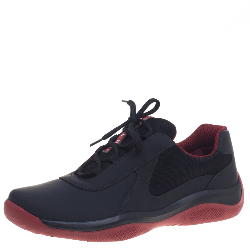 Pre Owned Prada Sport Black Leather And Mesh Lace Up Sneakers Size 42