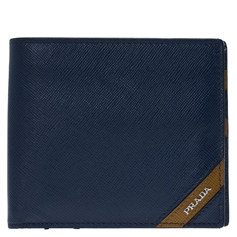 Prada Blue Saffiano Leather Bi-Fold Compact Wallet