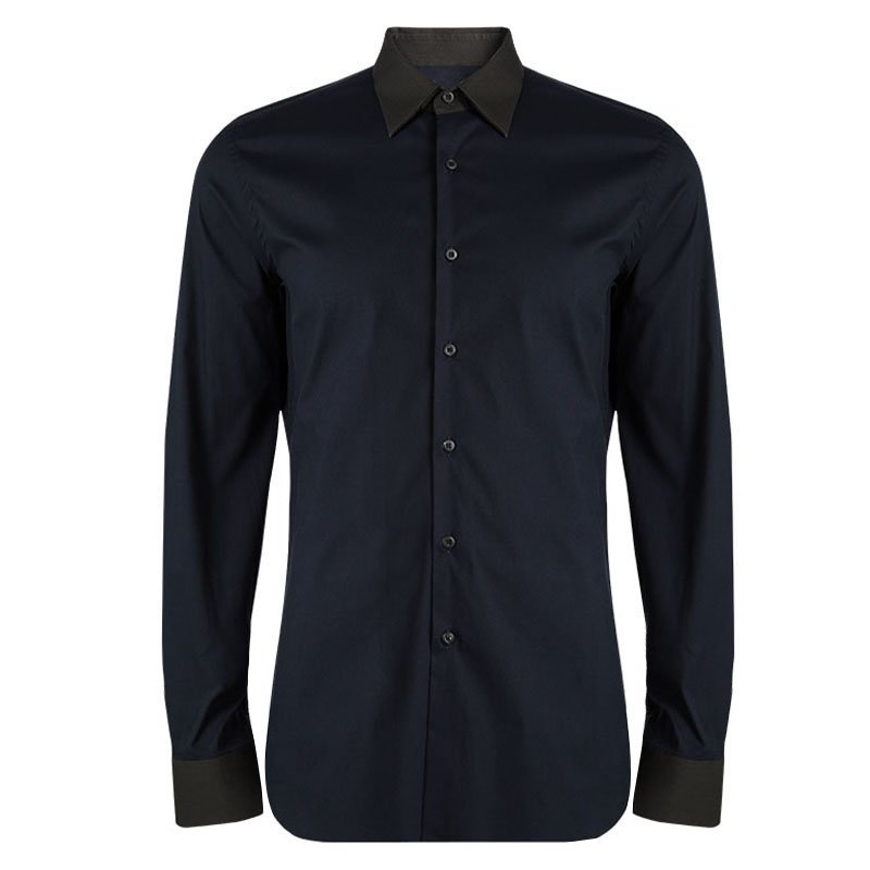 Prada Navy Blue Contrast Collar Button Front Shirt XL