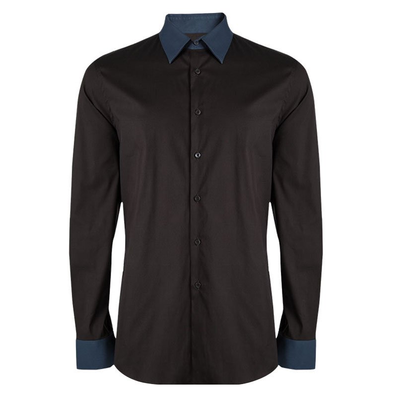 Prada Brown Contrast Collar and Cuff  Long Sleeve Shirt XL