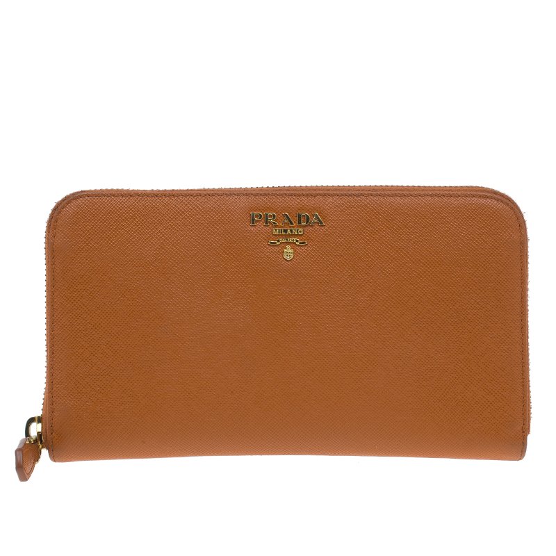 مملوكة مسبقًا Prada Orange Saffiano Metal Oro Side-Zip Wallet