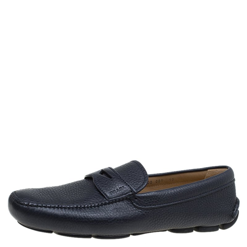 Pre Owned Prada Oxford Blue Leather Penny Loafers Size 44