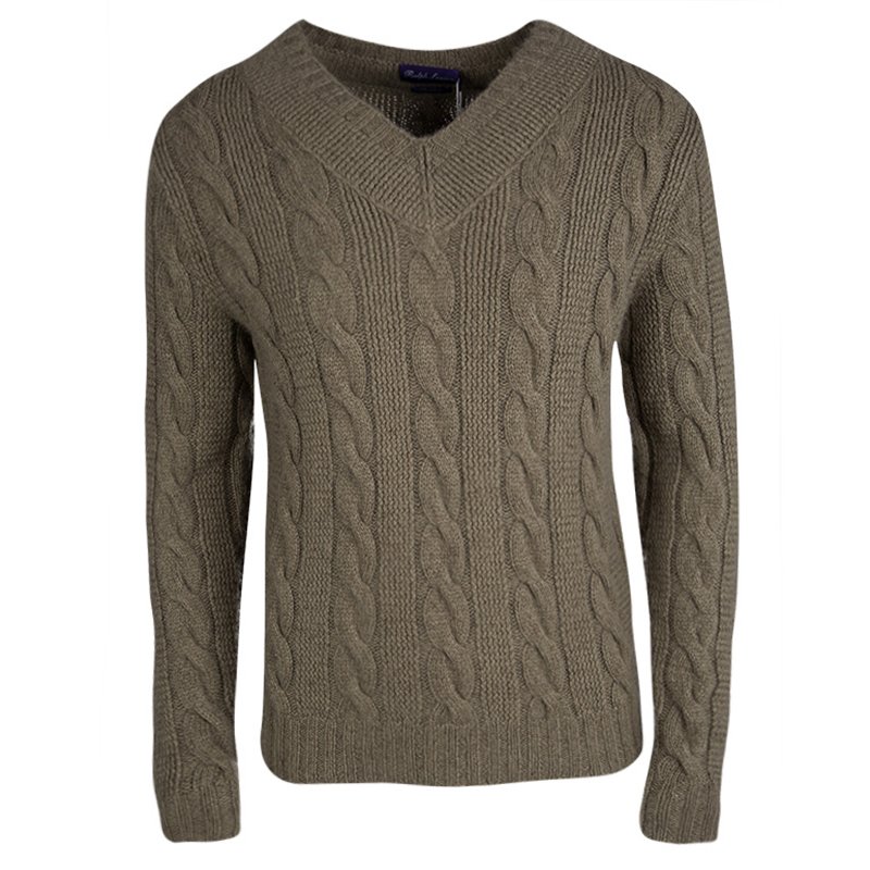 Pre Owned Ralph Lauren Light Brown V- Neck Cable Handknit Sweater S