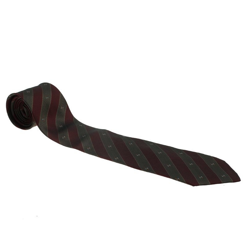 Saint Laurent Paris Red and Green Striped Silk Tie