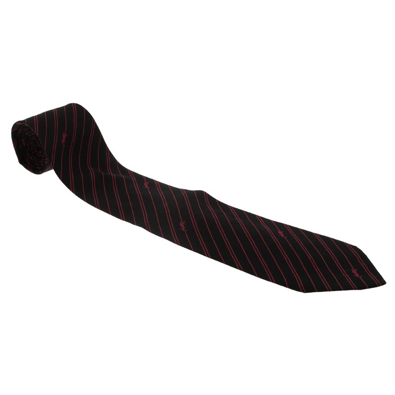 Saint Laurent Paris Red and Blue Striped Logo Silk Tie