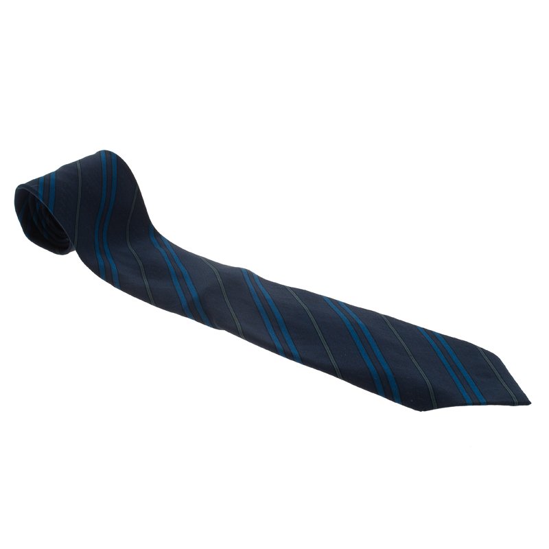ربطة عنق سان لوران باريس نقوش الماركة حرير أزرق مخطط 