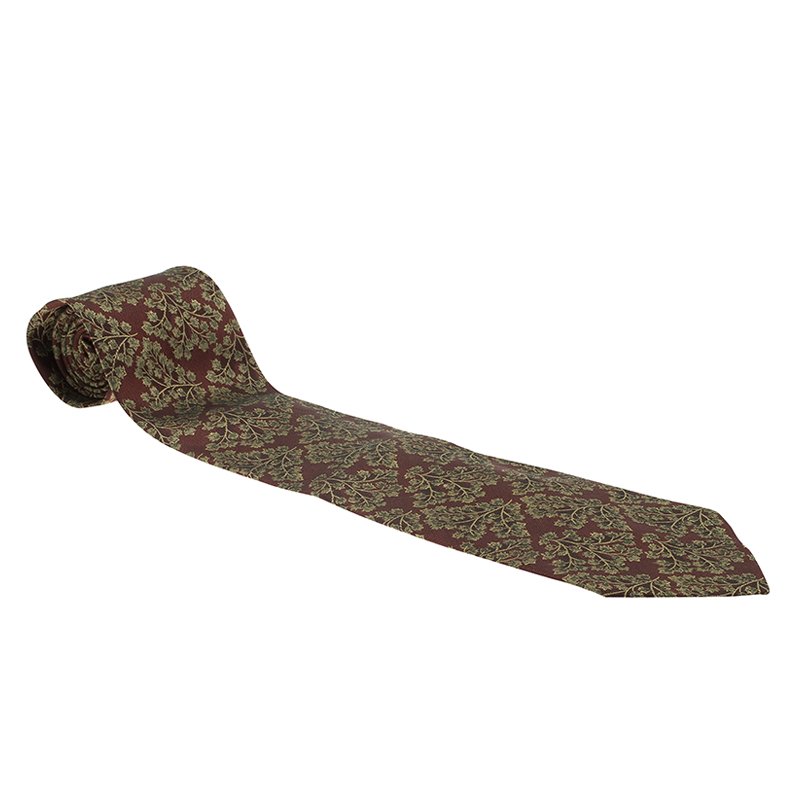 Pre Owned Saint Laurent Paris Brown Leaf Woven Silk Tie