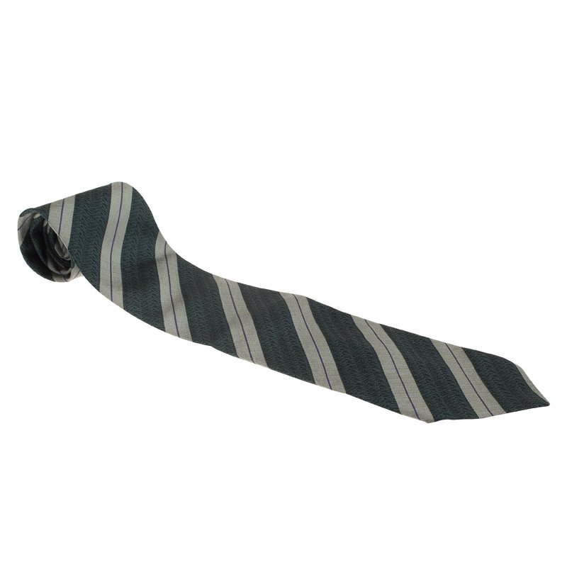 Saint Laurent Paris Grey and Blue Striped Silk Tie