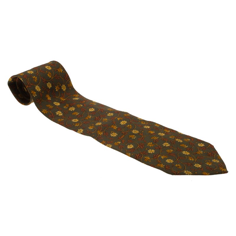 Saint Laurent Paris Green Floral Print Silk Tie