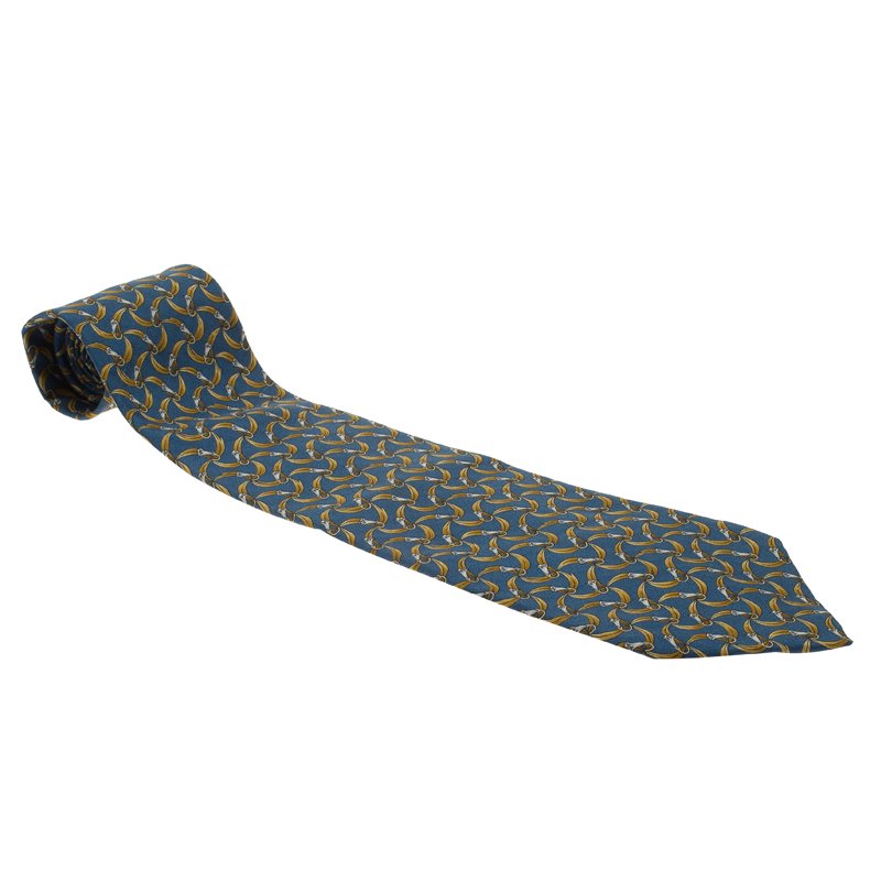 Saint Laurent Paris Blue and Yellow Floral Printed Silk Tie